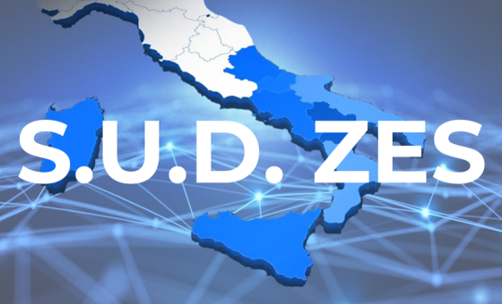 S.U.D. ZES Immagine dell'Italia con il mezzogiorno in evidenza e con la scritta S.U.D. ZES in sovraimpressione